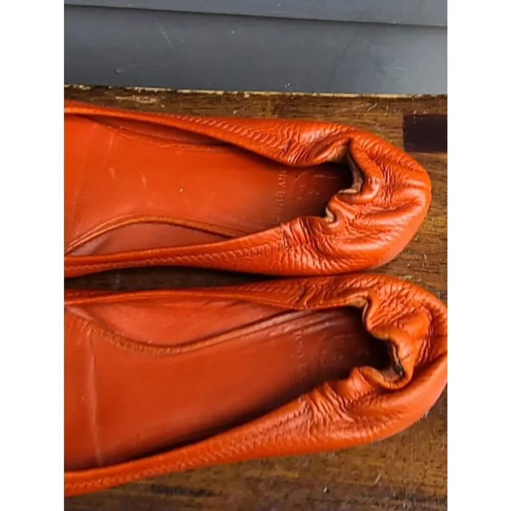 Tory Burch Orange Leather Minnie Ballet Flat Gold Logo size 8